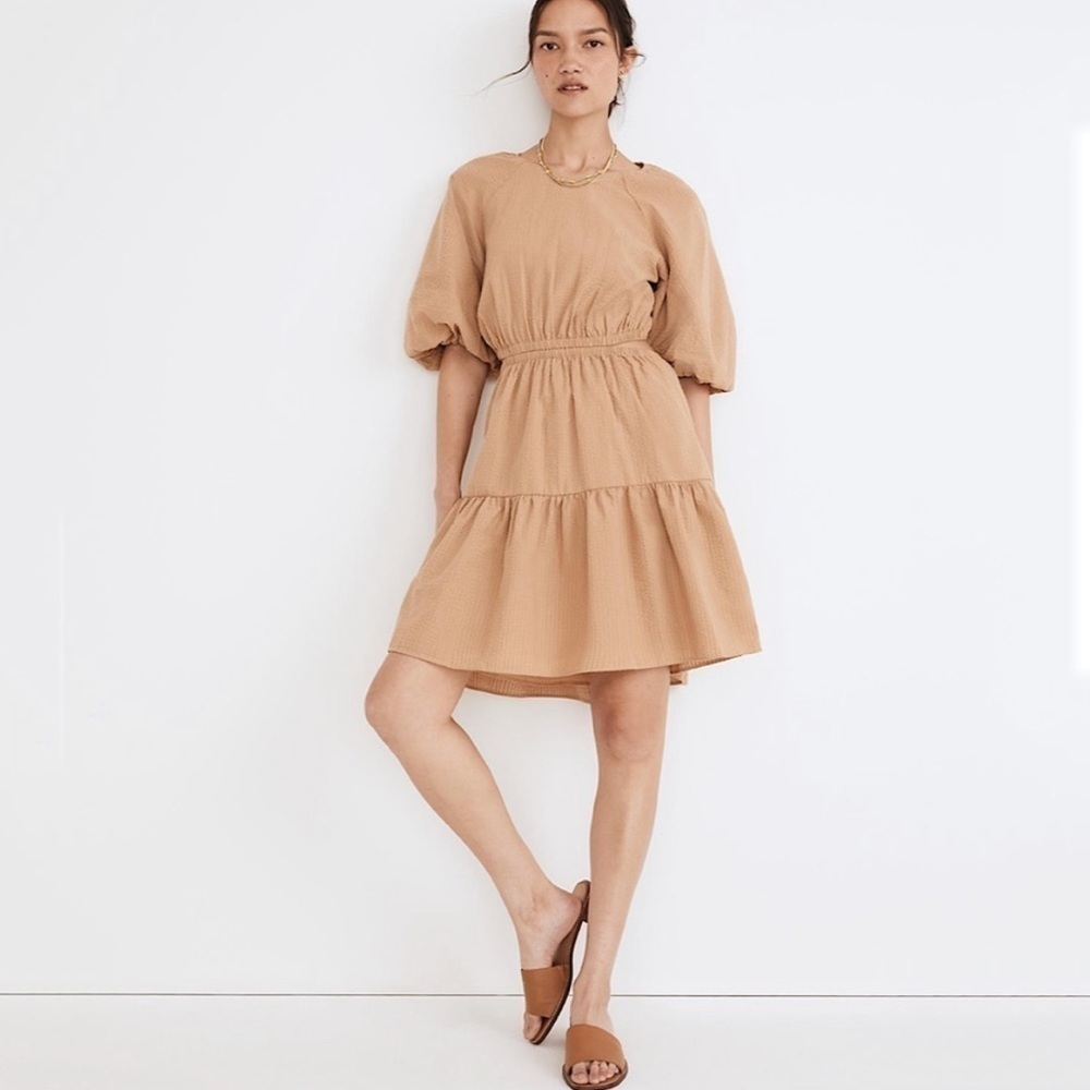 NWT Madewell Seersucker Puff-Sleeve Cutout Mini Dress in Tan